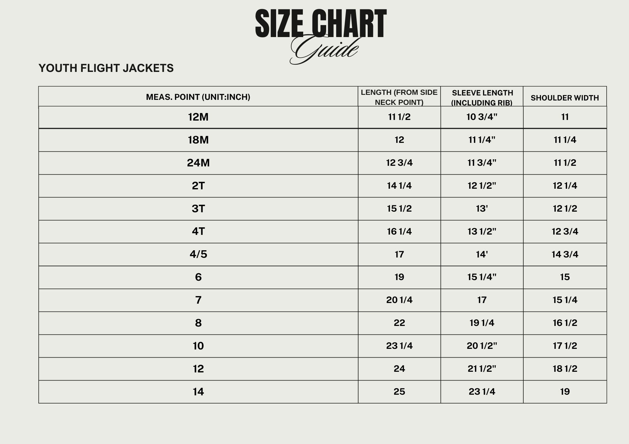 Infant & Youth Sizes